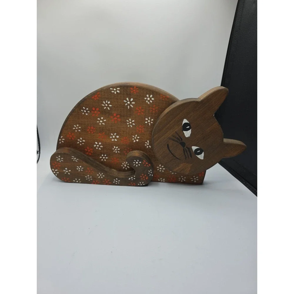 Vintage Handpainted Wood Cat Bookend Shelf Sitter Doorstop